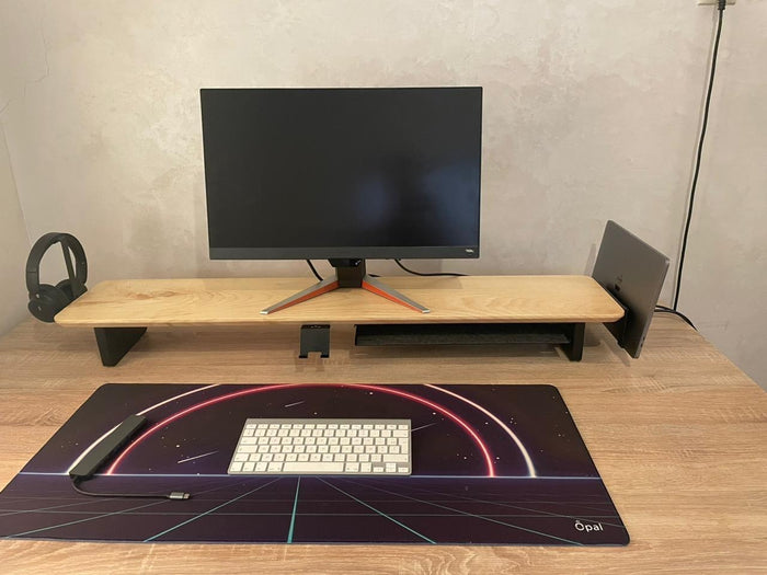 KUBER solid ash desk shelf with laptop, phone and headphone stands in a customer setup