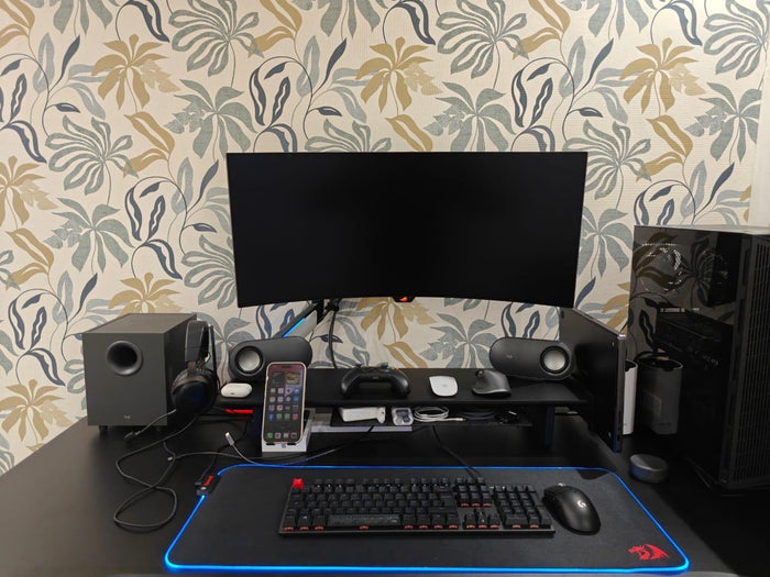 Matte black desk shelf with tray, laptop stand and headphone stand