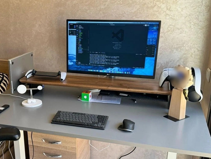KUBER solid walnut desk shelf with a laptop docked at the side