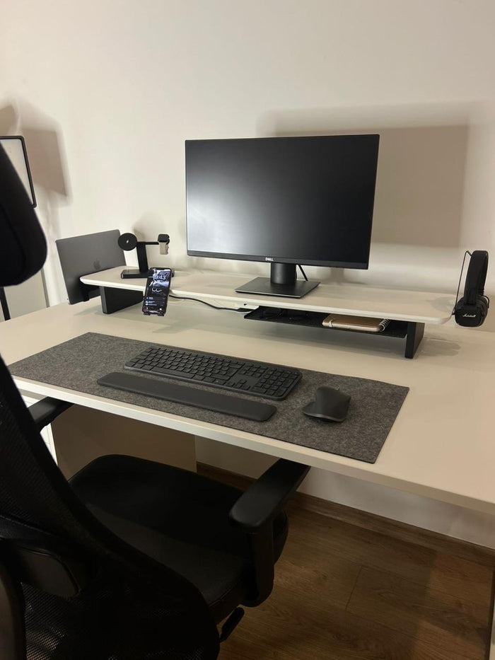 Matte white desk shelf with laptop stand, phone stand, tray and headphone stand